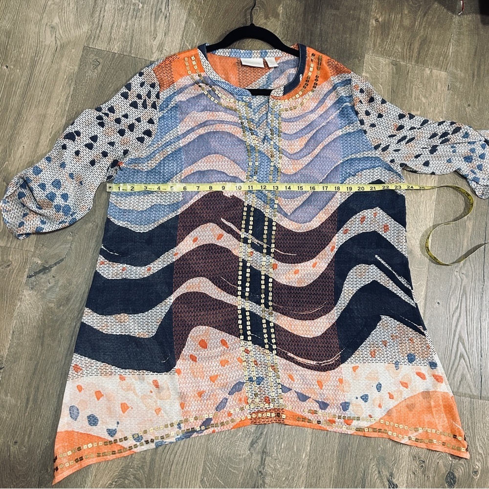 Chico’s large (2) blue/coral blouse with convertible sleeves/gold embellishments - Picture 4 of 5